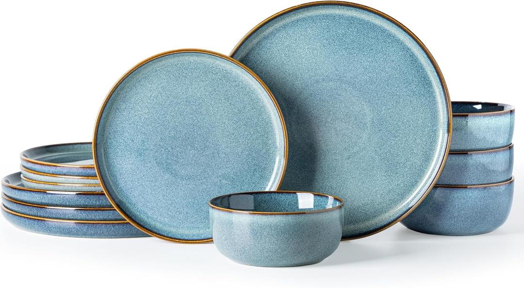 GBHOME Ceramic Dinnerware Sets for 4, 12 Pieces Stoneware Plates and Bowls Sets, Reactive Glaze Dishes -Scratch Resistant, Dishwasher&Microwave Safe, Space Blue
