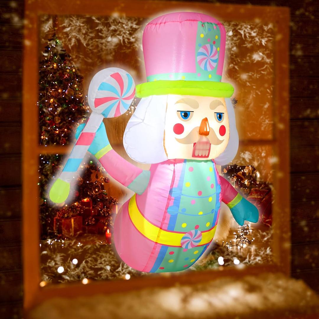 Leyndo 3.5 Feet Christmas Inflatables Pastel Nutcracker with LED Lights Christmas Window Blow up Pink Nutcracker Decorations Hold Pastel Peppermint Lollipop Xmas Holiday Outdoor Decorations