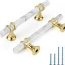 Rergy Cabinet Handles Marble Drawer Pulls and Knobs, 20Pack White Marble & Gold 3inch Hole Center, T-Bar Hardware for Kitchen Dresser Zinc Alloy Furniture