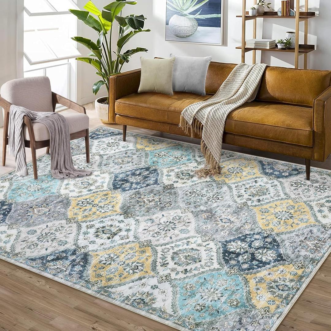 Area Rug 5x7 Moroccan Trellis Machine Washable Vintage Medallion Distressed Floor Cover Carpet Stain Resistant Non-Slip Accent Rug Farmhouse Coffee Table Rug Decor, Blue/Yellow