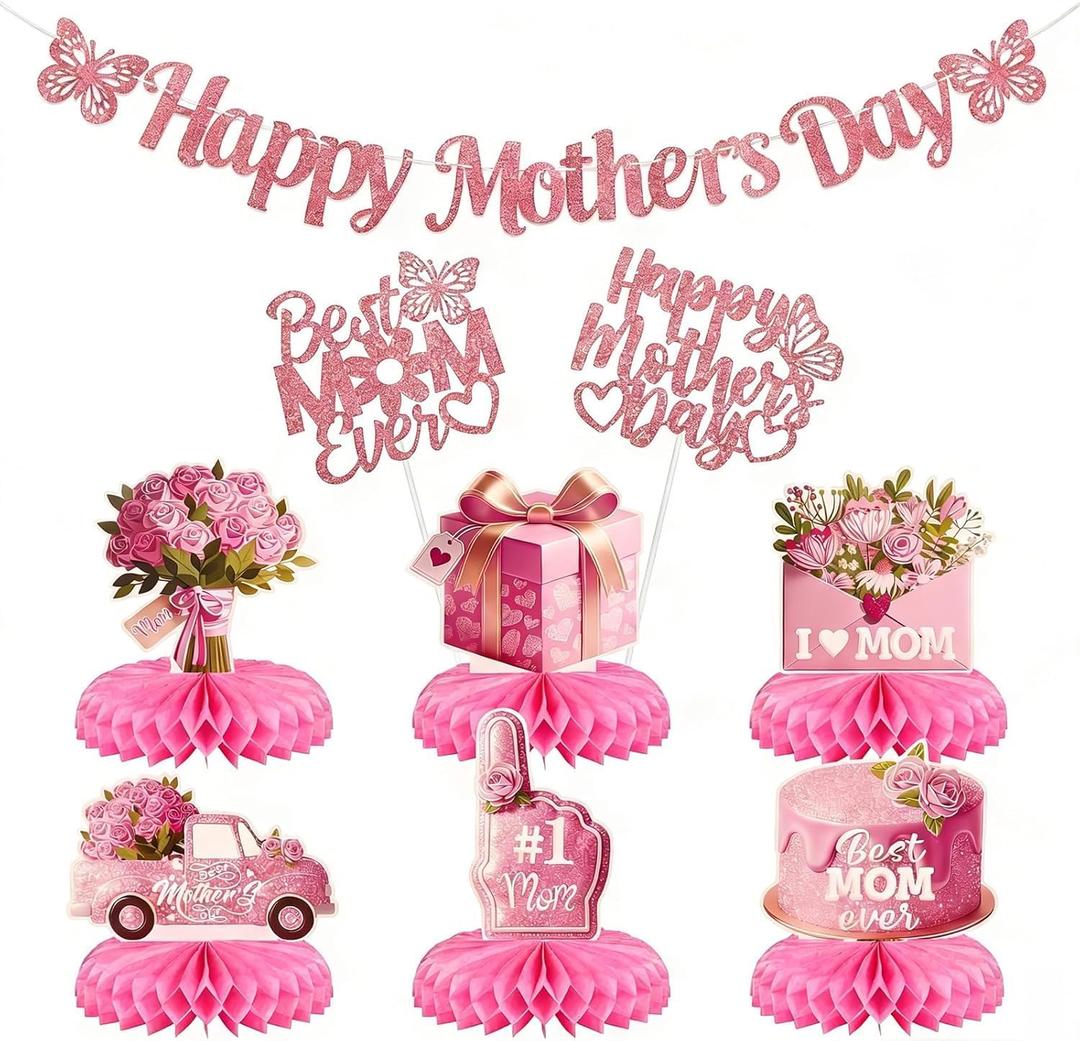 Happy Mother's Day Decorations Set, Glitter Happy Mothers Day Banner Table Centerpieces Cake Toppers Sign Decor for Mothers Day Party Table Decor Supplies