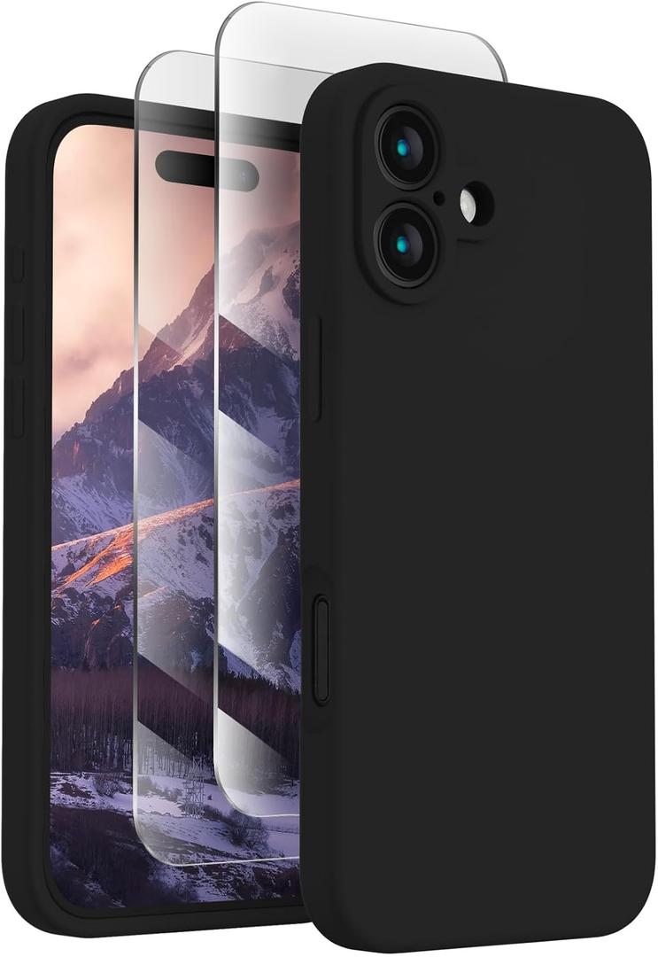 FireNova Designed for iPhone 16 Case, Silicone Upgraded [Camera Protection] Phone Case with [2 Screen Protectors], Soft Anti-Scratch Microfiber Lining Inside, 6.1 inch, Black