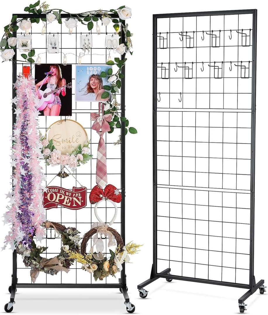 Gridwall Panel Display Stand Rack- Heavy-Duty Movable Wire Gridwall Display Racks with Wheels and Feet, Floorstanding and Wall Mount Double Side Display Stand (Black) (Black, 2 pcs)