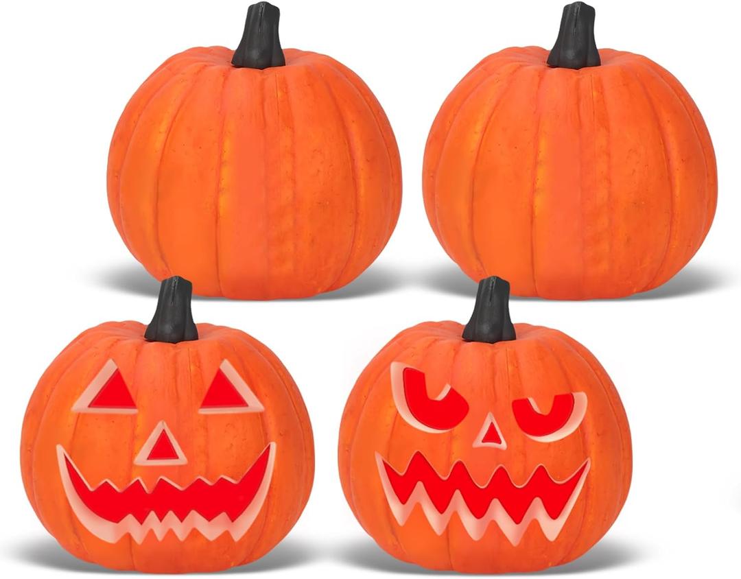Lanpn 8 Inch Halloween Carvable Pumpkin 4 Pcs, Large Light up LED Artificial Foam Carved Pumpkins Jack O Lantern with Emoji Templates Paints for Fall Autumn Thanksgiving Harvest Indoor Decor