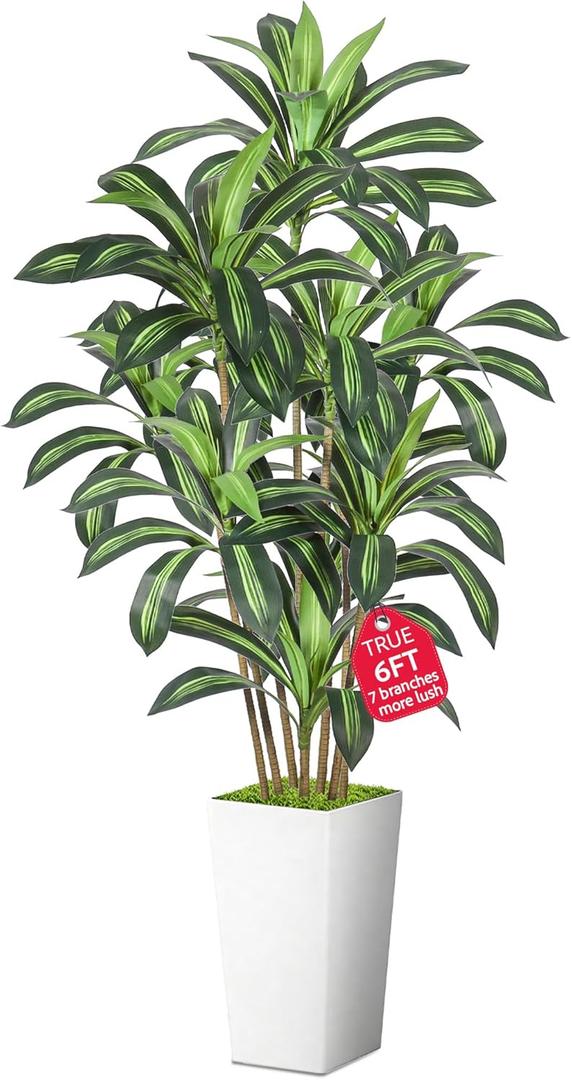 Realistic Artificial Indoor Plant Tree - Tall Fake Dracaena Potted Plant for Home Office Decor, Living Room & Bedroom - Lifelike Faux Plant Tree with Pot-Palm(White, 6FT)