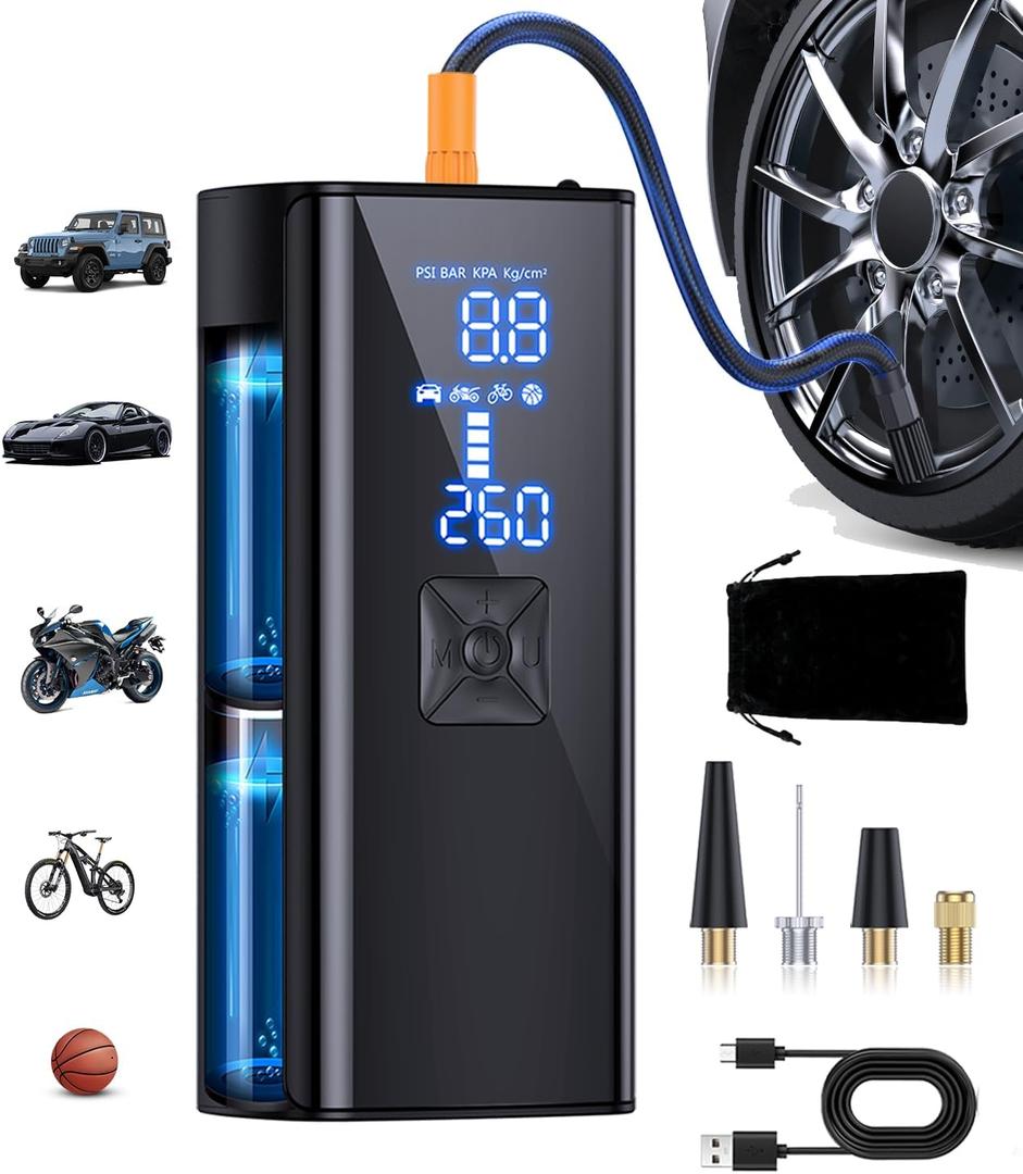 Tire Inflator Portable Air Compressor, 2X Faster 150PSI Cordless Air Pump with LED Light and Digital Pressure Gauge for Car, Bike, Motorcycles and Sports Ball