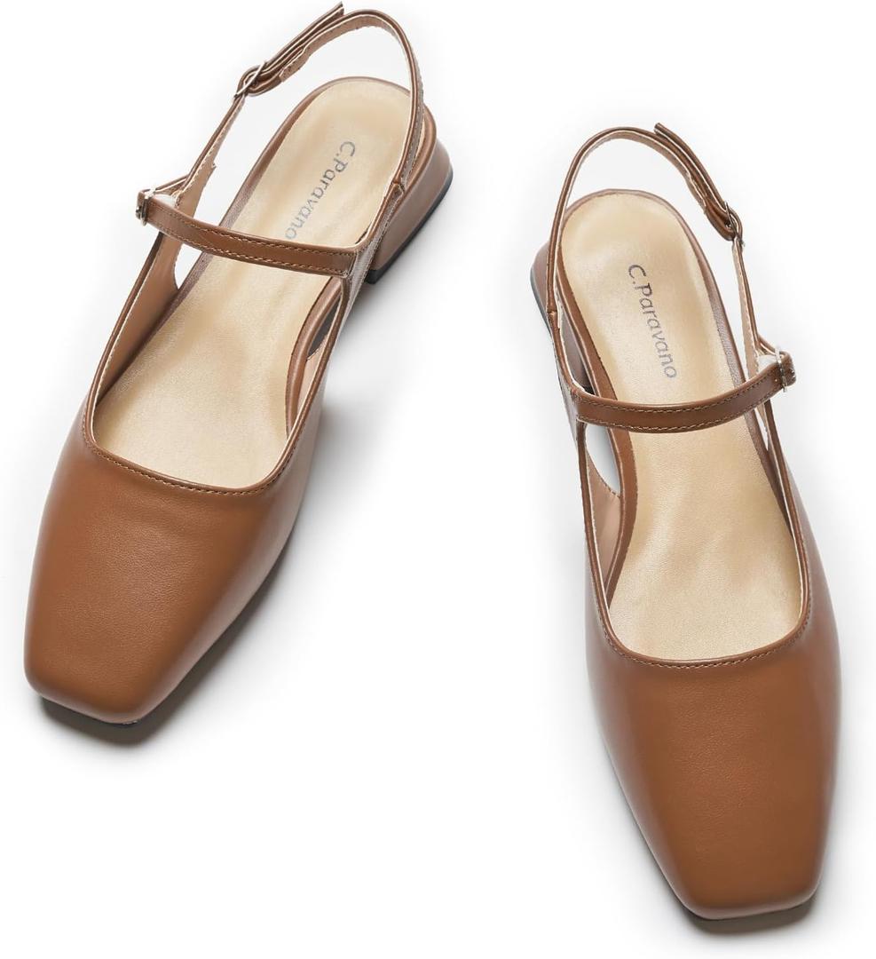 C.Paravano Slingback Flats | Slingback Sandals for Women | Sandals Flats | Adjustable Ankle Strap Shoes (9.5, New Brown)
