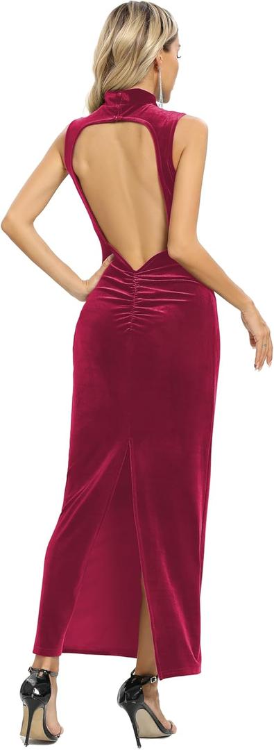 Capuffy Women Backless Velvet Maxi Dress Back Slit Ruched Bodycon Formal Dress High Neck Cocktail Party Dress 091 (Small, Rose Red)