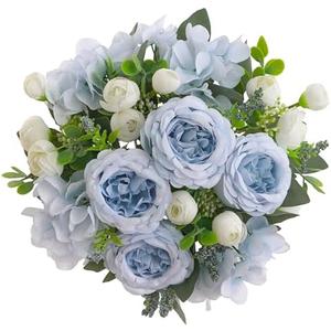 karoro 2 Bunches Artificial Peonies Flowers Silk Blue Peonies Fake Hydrangea Flowers Arrangements Table Centerpiece Faux Flores for Bridal Wedding Home Decor (2, Blue White)