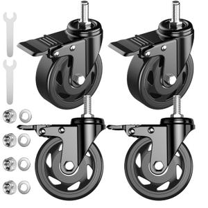 Casters Set of 4,3 inch Threaded Stem Caster Wheels,1/2"-13 x 1(Stem Diameter 1/2",Stem Length 1"), Heavy Duty Casters Black, Locking Swivel Caster Wheels with Brake