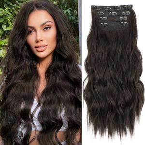 KooKaStyle Clip in Synthetic Hair Extensions Long Wavy 4PCS Thick Hairpieces Dark Brown 6# Fiber Double Weft Natural Hair Extensions 16 Inch for Women (Rich Dark Brown Silky Shine)