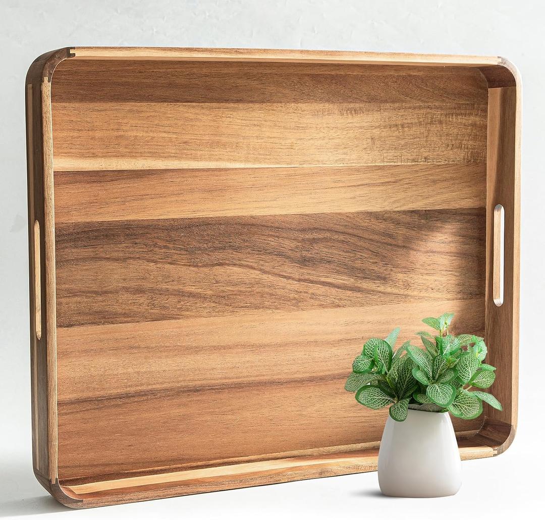 Wooden Serving Tray with Handles, Ottoman Tray for Kitchen Counter/Coffee Table/Living Room Decor,Versatile Tray for Party Rustic Wood ServingTray for Dinner/Breakfast/Snack Entertaining Guests