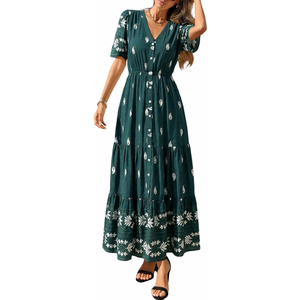 PRETTYGARDEN Womens Summer Boho Maxi Dress 2026 Trendy Short Sleeve V Neck Flowy Beach Floral Dresses with Pockets Small