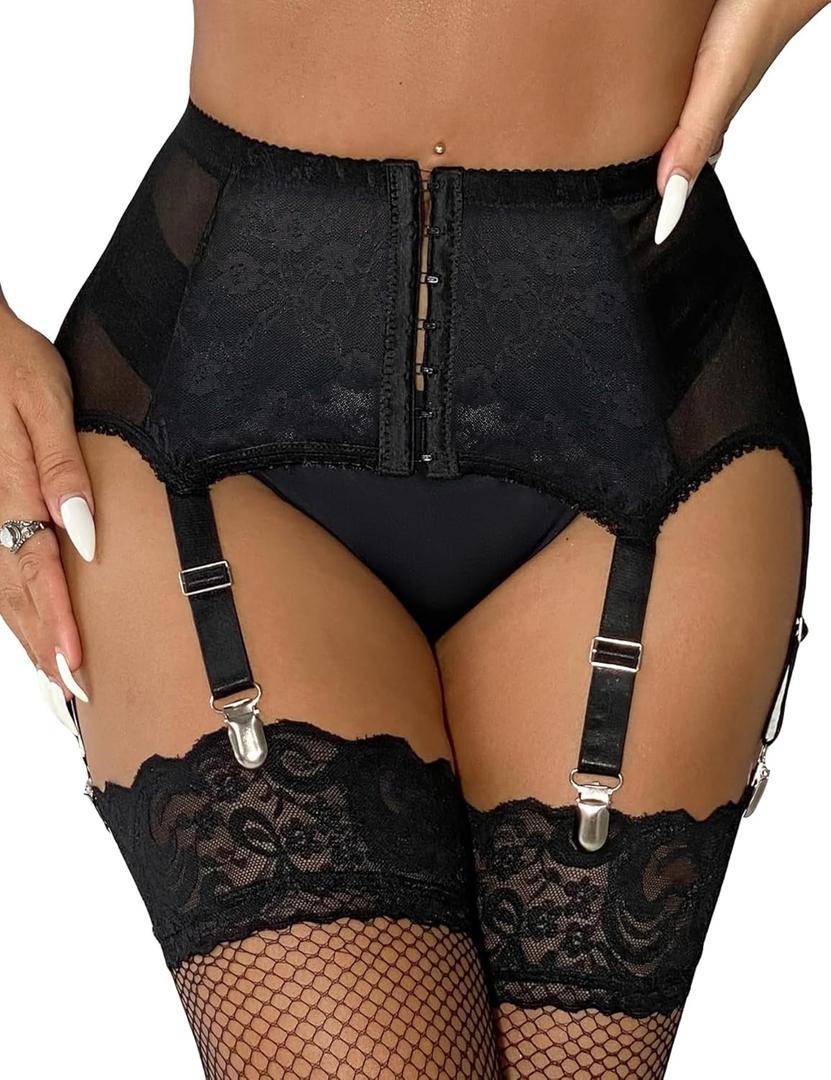 ohyeah High-Waisted Garter Belt Plus Size- Lace Mesh Suspenders Belt with 6 Metal Clip for Thigh Highs Garter Stockings (1X-2X, 1- Black)