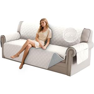 PrinceDeco Waterproof Couch Cover for 3 Cushion Sofa Diamond Quilted Pattern Couch Sofa Cover for Dogs Furniture Protector Cover with Elastic Straps for Pet Cat (Sofa,Beige)