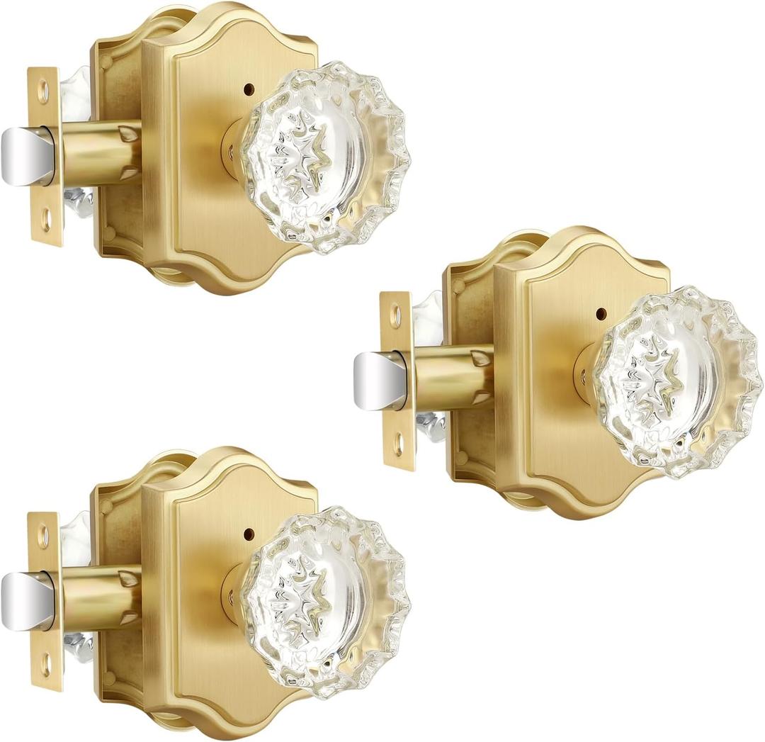 EHOMEWARE 3 Pack Brass Door Knobs, Glass Door Knobs Interior, Privacy Door Knob, Bedroom Lockable Door Knob, Bathroom Door Handle Without Key, for Left/Right Sided Doors, Diamond-Shaped