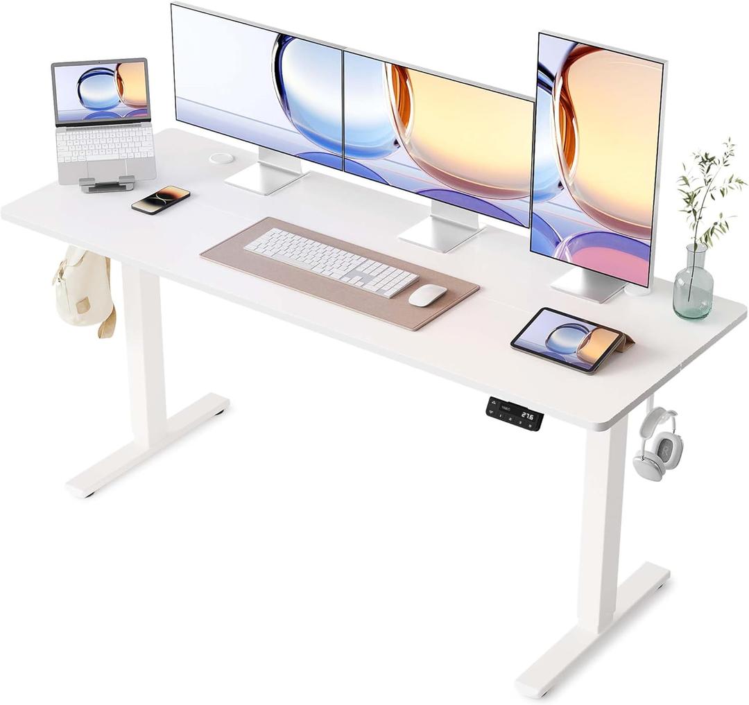 YIHAYO Electric Standing Desk, 63 x 24 Inches Stand Up Desk with Splice Board, Computer Table for Home Office, White Frame/White Top