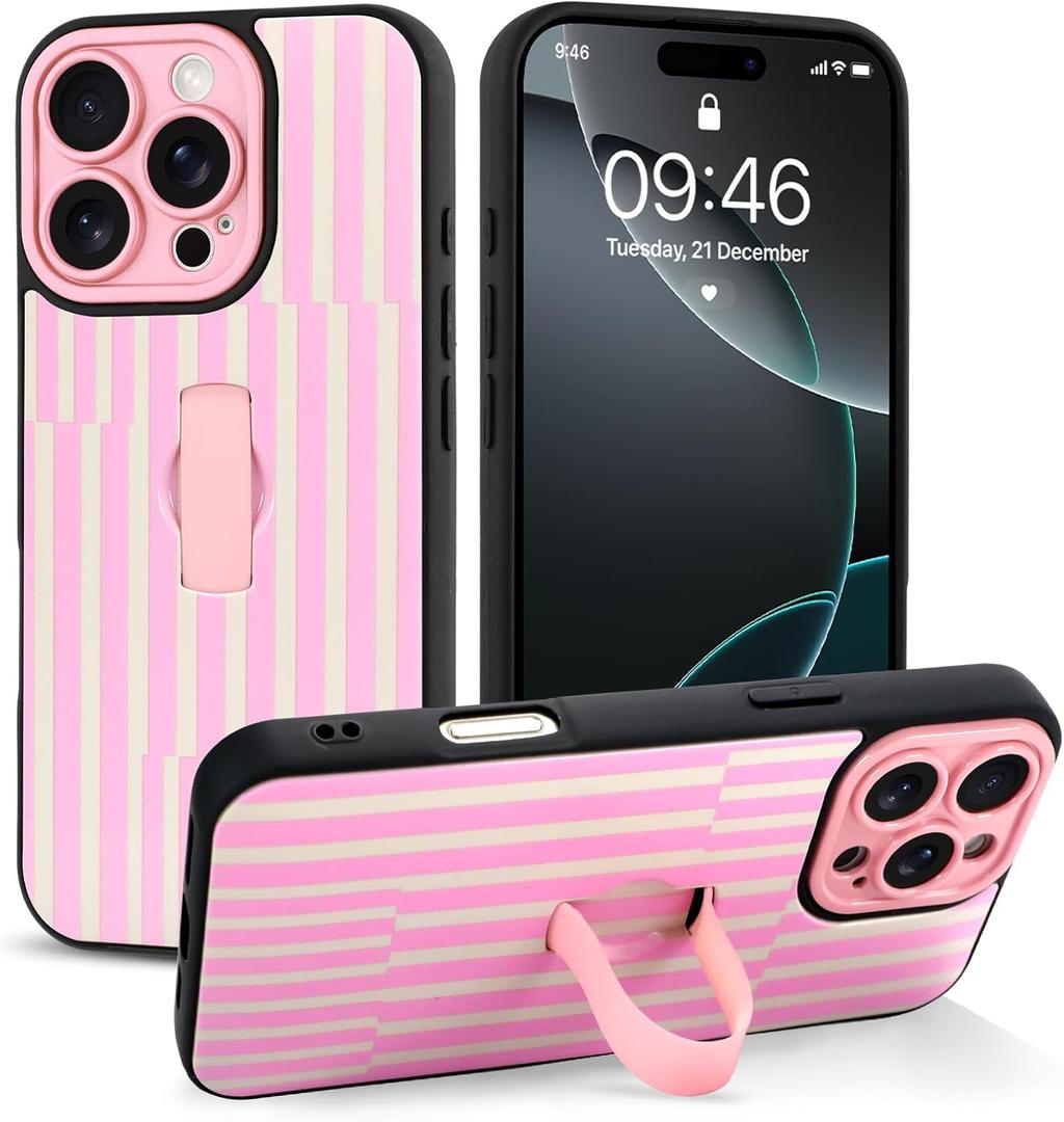 for iPhone 16 Pro Max Case with Finger Hand Strap Kickstand, Trendy Cool Striped Phone Case for Women Men, Full Camera Protection Shockproof Protective Cover, White and Pink Stripes