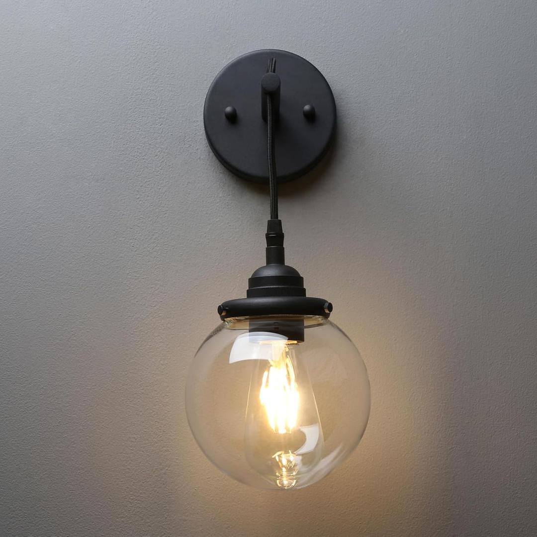 Phansthy Vintage Glass Wall Sconce, Hanging Wire Indoor Wall Lamp, 5.9" Globe Wall Lighting Fixture Adjustable Hanging Cord, Home Decor Art Wall Light Hardwired Farmhouse Wall Sconce (Black)