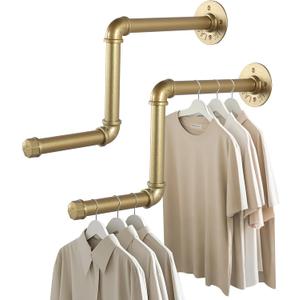AddGrace Gold Industrial Pipe Clothing Rack 2 Pack Wall Mounted Clothes Rack for Hanging Clothes 18Inch Detachable Garment Bar for Bedroom Bathroom and Laundry Room 46cm