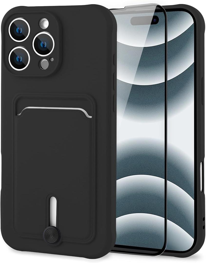 MZELQ TPU Wallet Compatible with iPhone 16 Pro Case, Card Holder Camera Protection Cover + Screen Protector, Push-able Slot for Girls Women -Black MZELQ TPU Wallet Compatible with iPhone 16 Pro Case, Card Holder Camera Protection Cover + Screen Protector, Push-able Slot for Girls Women -Black