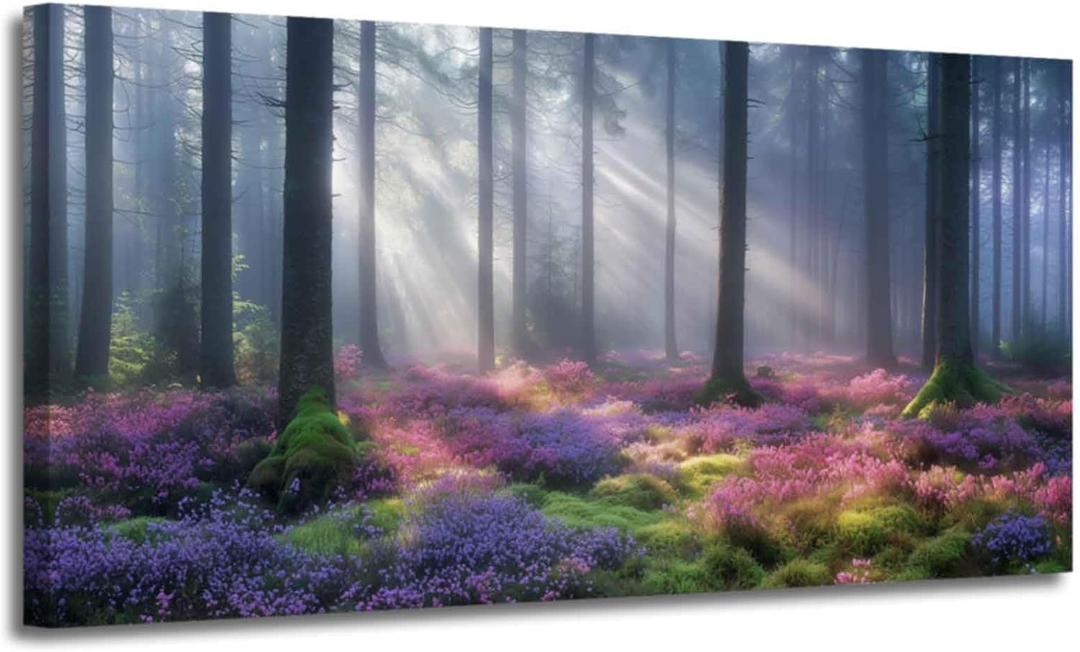 ZSHARTSWD Forest Light Wall Art for Living room Morning Sunlight Forest Pictures Trees Canvas Prints Nature Landscape Painting for Bedroom Office Decor Framed (Purple, 12L x 24W)