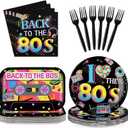 96Pcs 80s Party Decorations Back to The 80's Theme Plates and Napkins Tableware Sets Retro Colorful Hip Hop Decorations for Birthday Wedding Anniversary 1980's Party Supplies, Serves 24
