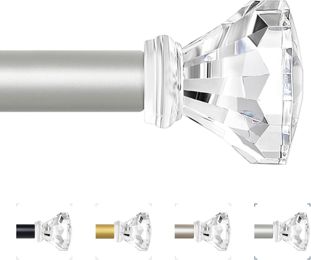 Silver Decorative Crystal Curtain Rods 66 to 120 Inch:Heavy Duty Adjustable Window Curtains Rods for Living Room Bedroom,Nickel Modern Girly Acrylic Drapery Rod with Clear Bling Diamond Finials