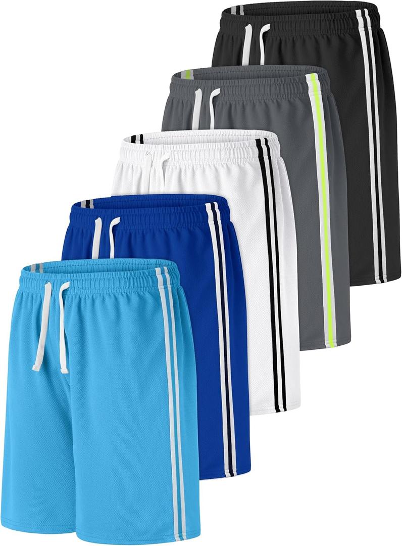 Resinta 5 Pack Boys Shorts Boys Basketball Athletic Shorts Kids Active Gym Soccer Sports Shorts Mesh Quick Dry Elastic Waist 8-10Y