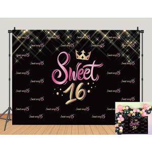 Gold Glitter Sweet Sixteen 16 Photo Backdrop Pink and Black Girls Princess 16th Birthday Party Photography Background Sweet Sixteen Photo Studio Props Cake Table Decor 5x3ft
