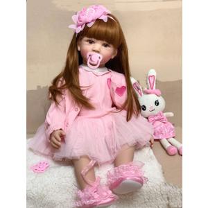 Angelbaby Doll 24 inch Adorable Reborn Toddler Girl with Long Hair That Looks Real Reborn Silicone Baby Dolls Cuddle Toys for Children Doll Sets (Pink Dress)