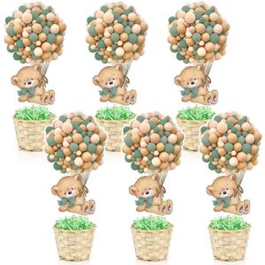 6 Set Sage Green Baby Shower Table Centerpieces Decortion Hot Air Balloon Cute Babys Bear with Bamboo Basket Lafite Garss Welcome Oh Baby We Can Bearly Wait Boy Or Girl Gender Reveal Party Favor