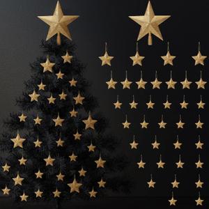 Soulchen 34 Pcs Gold Christmas Tree Decorations Set Include 24 5.1 Inch Icicle Ornaments Glitter Star Tree Topper 32ft Christmas Ribbon 8 LED Lights for Xmas Winter Holiday Party Hanging Decor