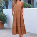 KIRUNDO Women Summer Dresses 2025 Spring Fashion Boho Puff Sleeve Square Neck Pocketed Loose Fit Tiered Flowy Maxi Dress (Orange, L)