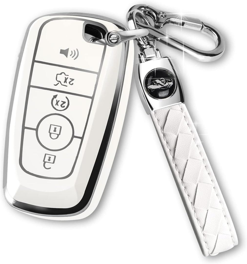 MILD EAST for Ford Key Fob Cover with Keychain,Car Key Case Shell Protector Holder 5 Buttons for Ford Explorer Fusion Escape Edge Expedition Mustang F150 F250 F350 F450 F550 Bronco,White