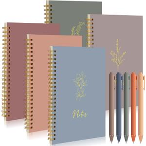 Gueevin 5 Pcs Spiral Notebook with 5 Pcs Ballpoint Pens A5 Cute College Ruled 160 Pages/ 80 Aesthetic Notebook for Work Students School Office Supplies(Morandi Color,Note)