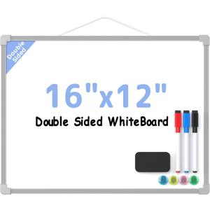 MaxGear Double-Sided Dry Erase Board for Wall, 16"x12" Hanging Whiteboard, Small Dry Erase White Board, Portable Whiteboard for Planning, Drawing, Memo, to Do List, Grey Frame