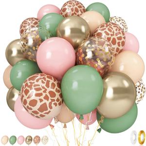 Pink Jungle Safari Balloons, 60PCS Sage Green Pastel Pink Gold Balloon, Light Pink Cream Beige Balloon with Animal Print for Girls Birthday Baby Shower Wild One Giraffe Party Decorations Supplies