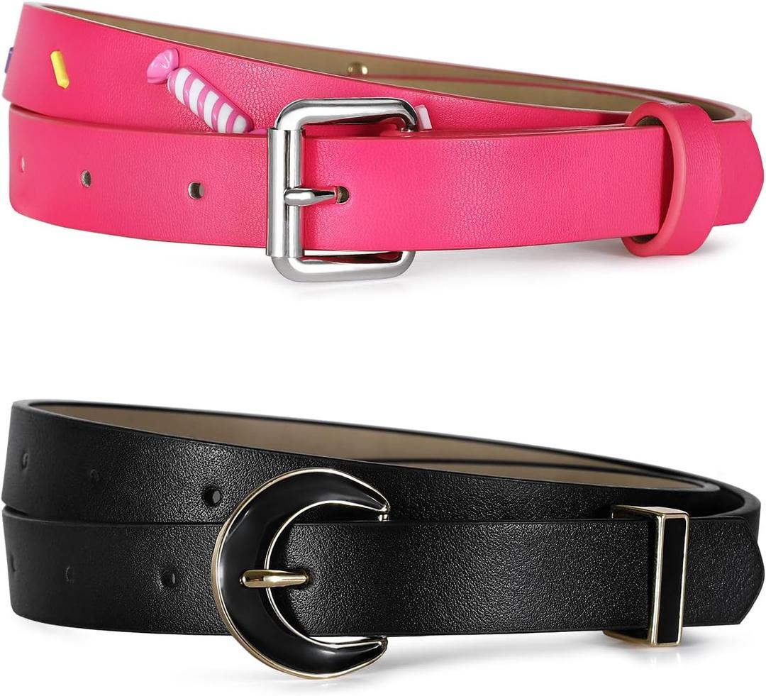 2 Pack Womens Belt Pink Black Belt Set Fashion Thin Light Waist Belts Daily Christmas Gifts for Women Teen Girls