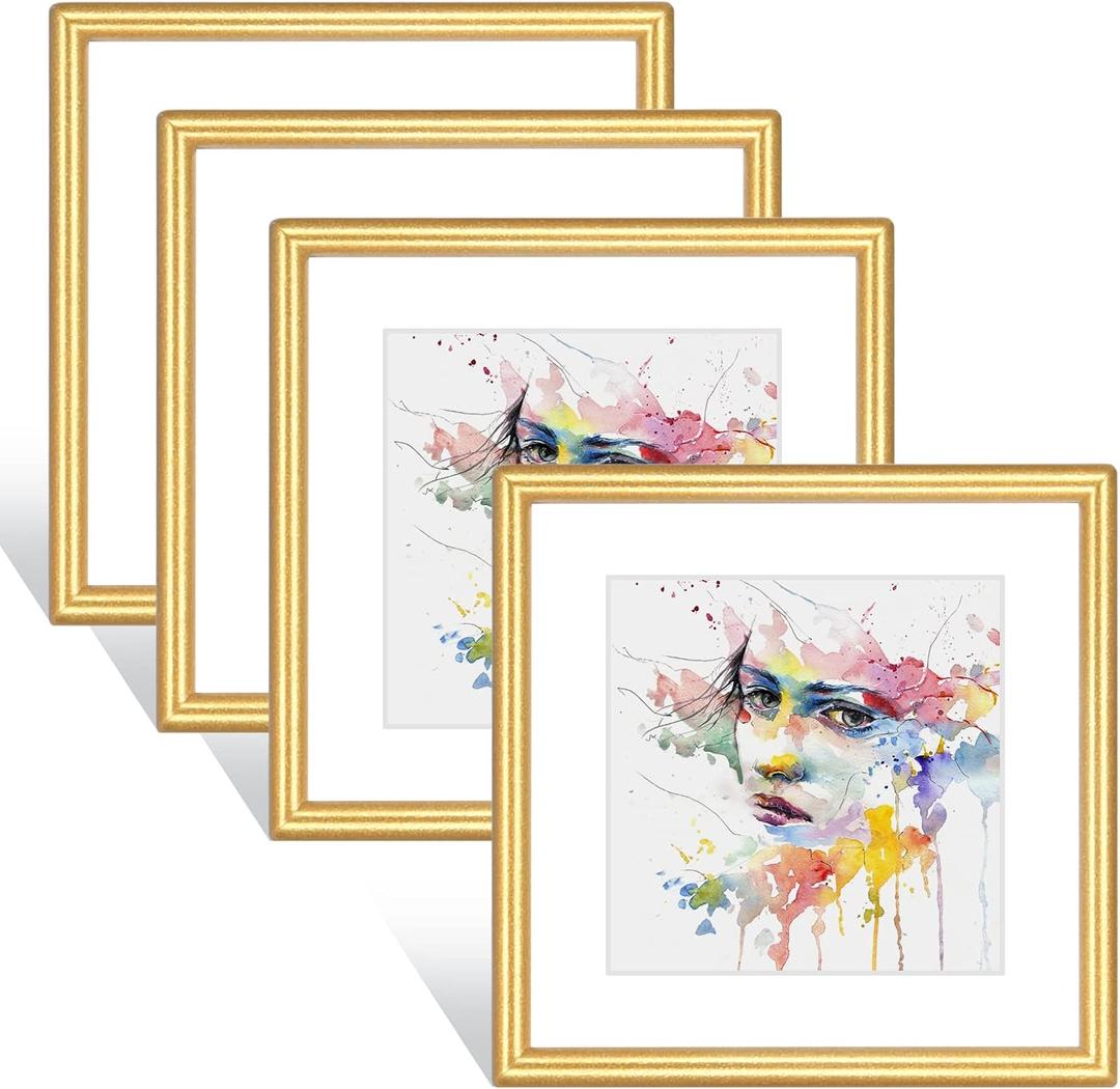 4x4 Picture Frame Set of 4, Gold Matte Thin Metal, Square Frame for Desk and Wall Mounting, Aluminum Floating Photo Frame Bulk Collage, Fit 3x3 with Mat or 4 x 4 without Mat (4 Pack)