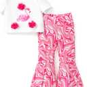PATPAT Girls Clothes Size 5-6 2Pcs 3D Short Sleeve Crop Top Floral Bell Bottom Summer Clothing Sets Rosy Pink Swan Easter Outfits Girls Clothes For 5-6 Tween Clothes Trendy
