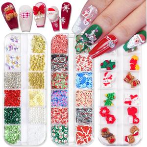 DANNEASY 3 Boxes Christmas Nail Charms Gold Soft Polymer Clay Slices 3D Beads Caviar Nail Pearls Flat-Back Nail Rhinestone Glass Crystal Resin Nail Studs Acrylic Nail Decoration Jewels