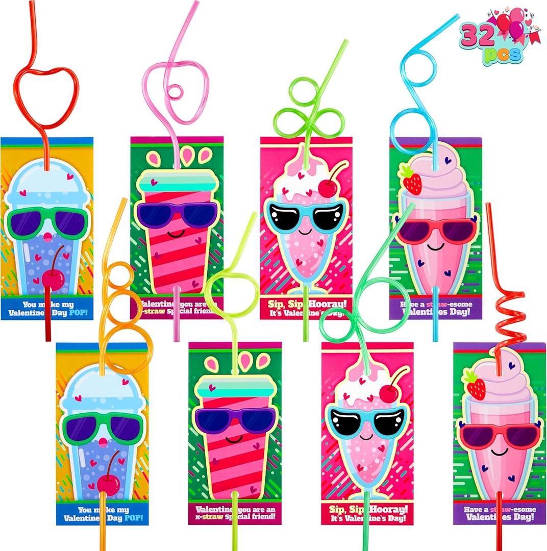 JOYIN 32 Pack Valentines Day Straws with Cards, Colorful Crazy Reusable Drinking Straws for kids, Classroom Exchange Prizes, Party Favors Gifts