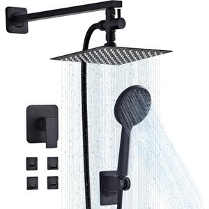 Shower Head Combo Matte Black, 8 Inch Rain Shower Head with Handheld 5 Spray Modes High Pressure Rainfall Shower Heads System, 15 Inch Shower Adjustable Extension Arm