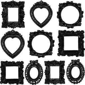Vicenpal 10 Pcs Vintage Mini Picture Frames Baroque Antique Small Resin Jewelry Display Table Frame for Christmas DIY Photo Holiday Party Decoration (Black)