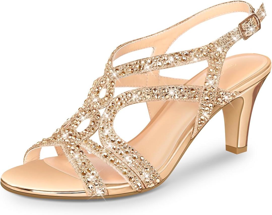 PIZZ ANNU Women's Amelia Heels Sandals Sparkle Crystal Open Toe Slingback High Heel Sandals Dress Pumps Shoes for Party Wedding (Beige), 9.5