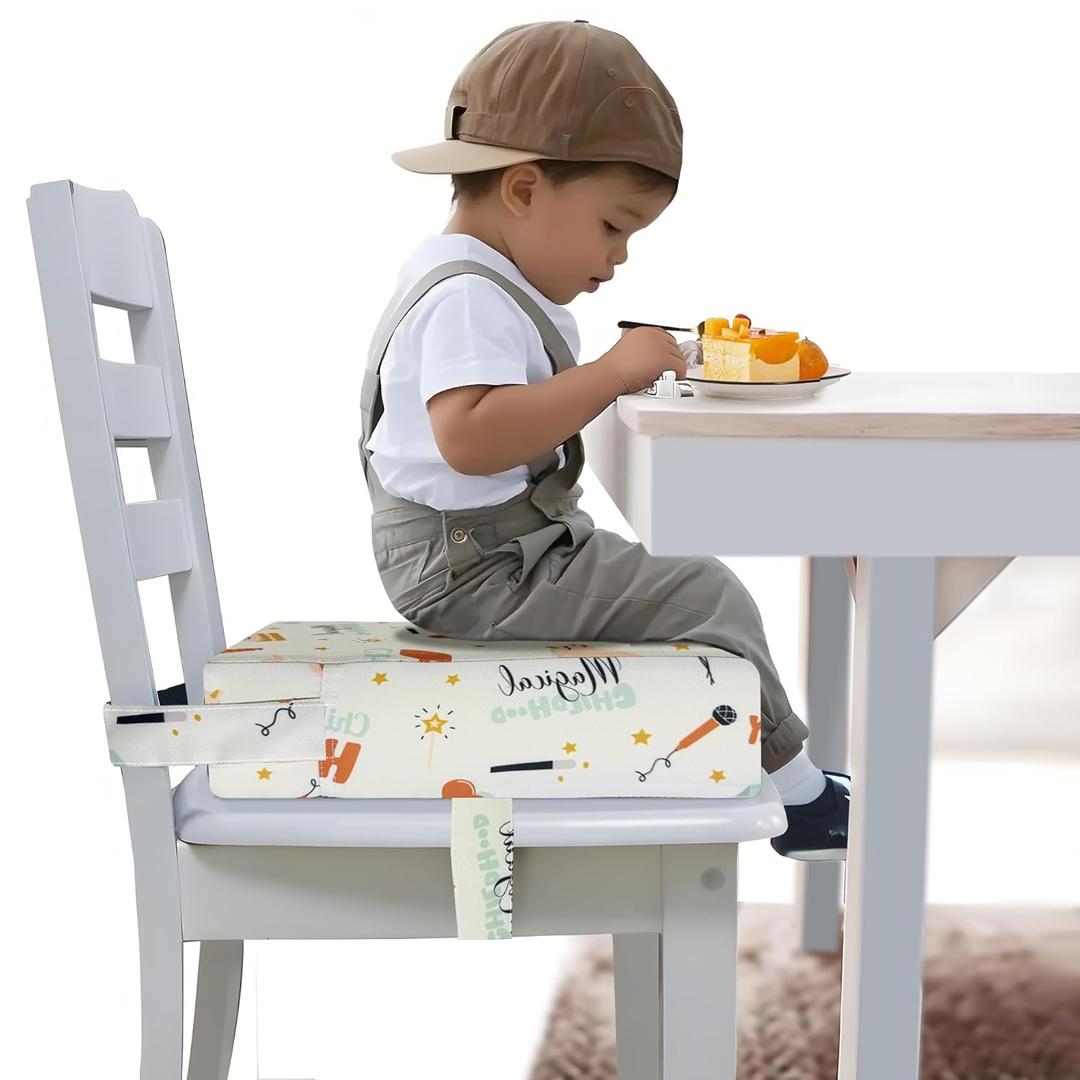 Toddler Booster Seat for Dining Table, Portable Booster Seat for Kitchen Chair, 4 Inch High-Density Foam Cushion with Adjustable Safety Straps and Non-Slip Bottom, Perfect for Kids Travel and Daily (Light-Children's Party)