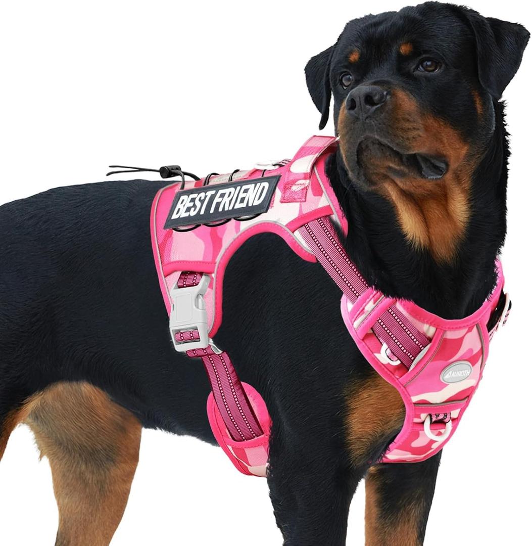 AUROTH Tactical Dog Harness for Dogs No Pull Adjustable Pet Harness Reflective K9 Working Training Easy Control Pet Vest Military Service Dog Harnesses (XL, Pink Camo) (XL(Neck:20-31",Chest:26-42"),75-135 lbs)