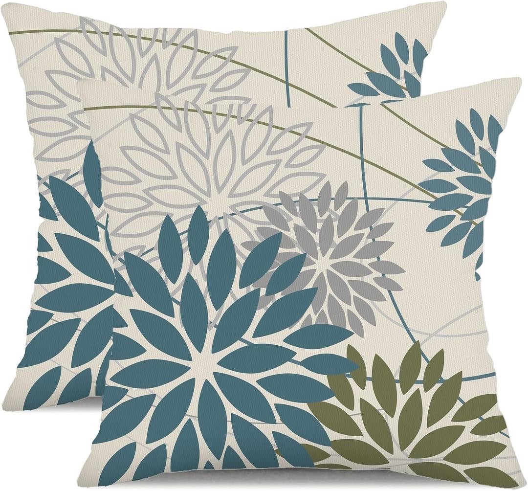 Blue Army Green Outdoor Pillow Covers Set of 2 18X18 Inch Teal Floral Elegant Polyester Flower Pillow Case Outdoor Waterproof Decor for Patio Funiture Garden Linen Cushion Covers 01C18