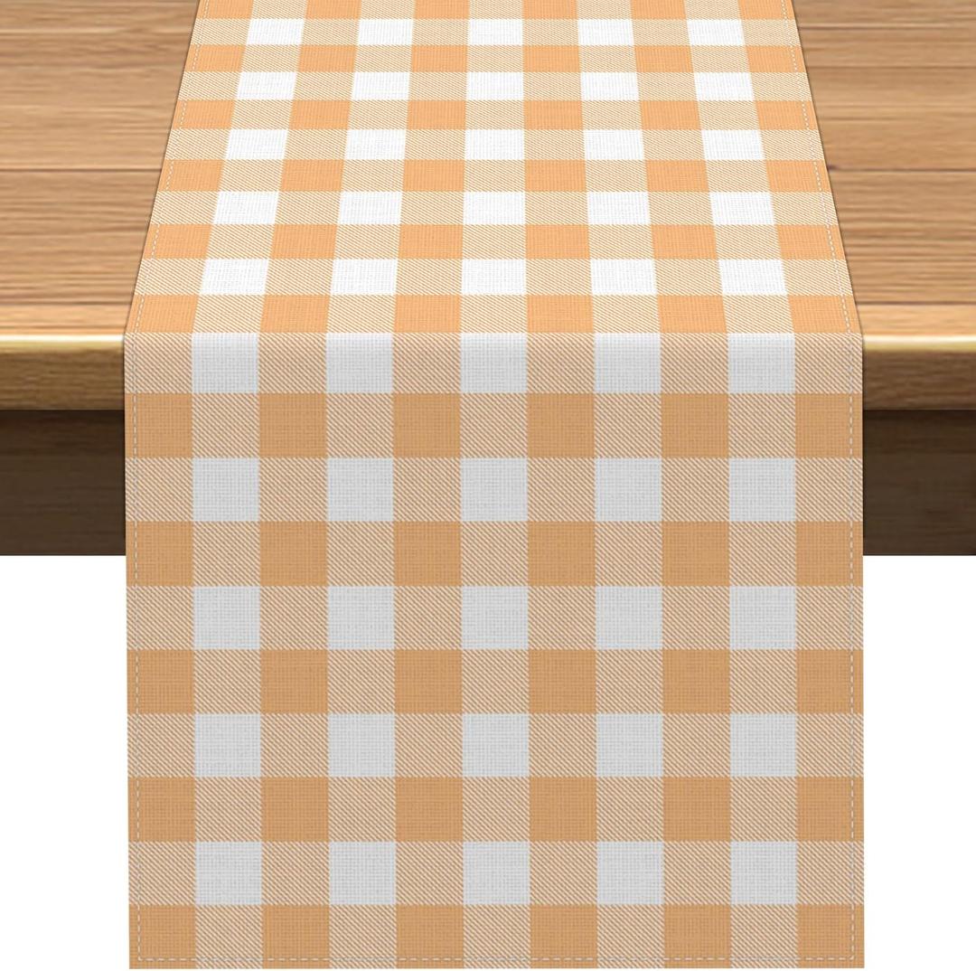 Vohado Sunny Orange Gingham Table Runner Summer Sun Checkered Baby Shower Wedding Birthday Party Decoration Thanksgiving Dining Home Kitchen Island Decor